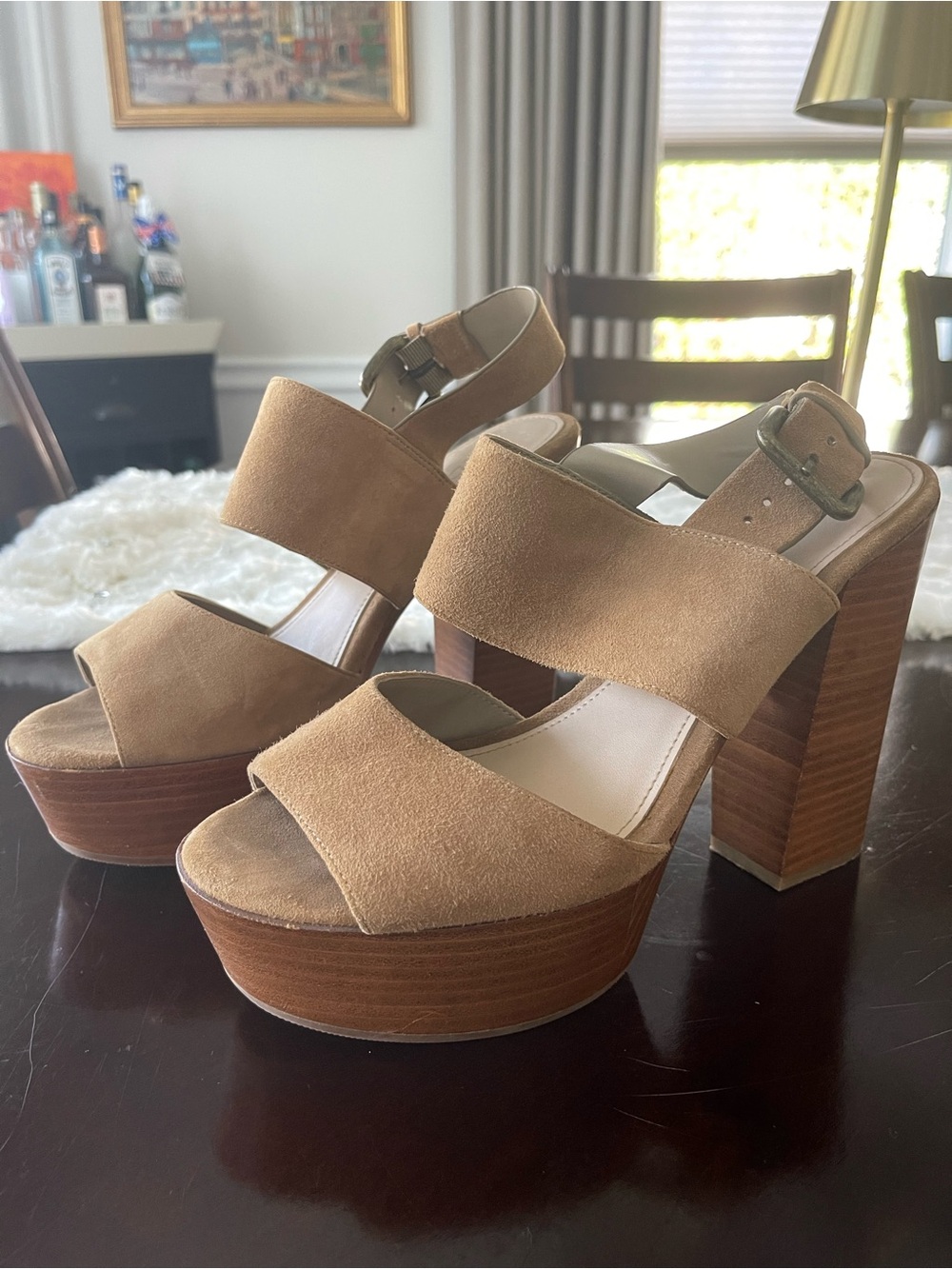 ALDO “Maximoa” Women's Tan Suede Platform Sandals - Chunky 5”Heel ~ Size 7.5